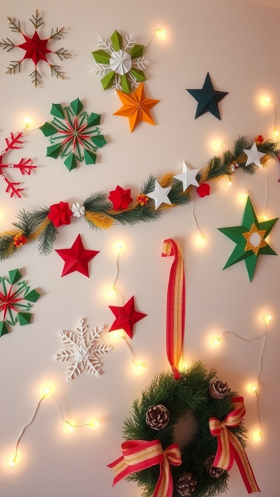 A festive wall decorated with DIY Christmas decorations including snowflakes, a garland, and a wreath.